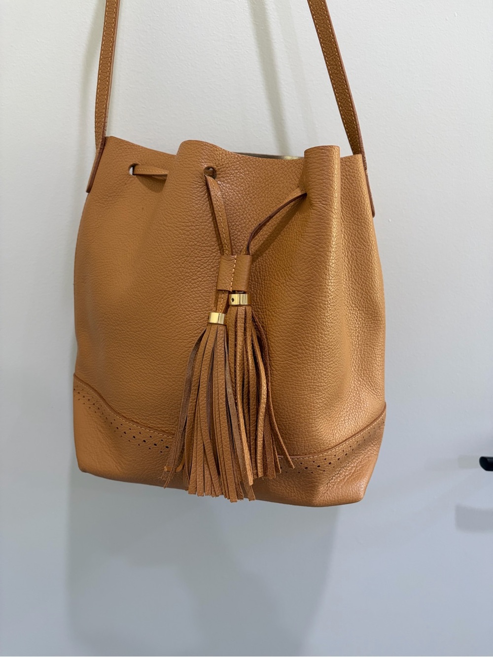 Isaac Mizrahi Tan Leather Tassel Shoulder Bucket Bag